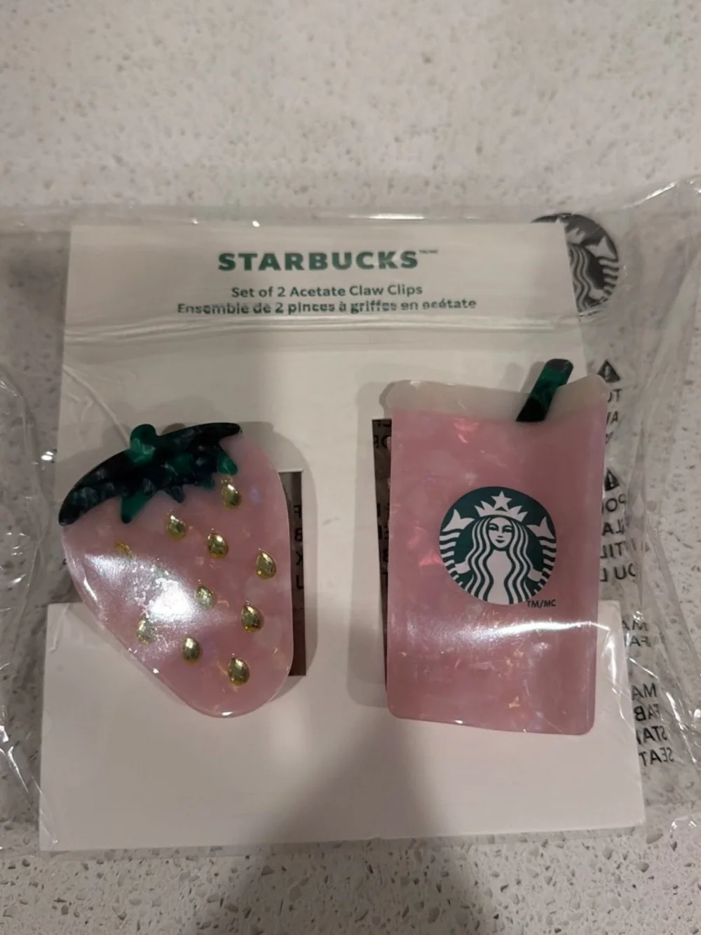 Starbucks Pink Strawberry & Cup Acetate Hair Claw Clips Set